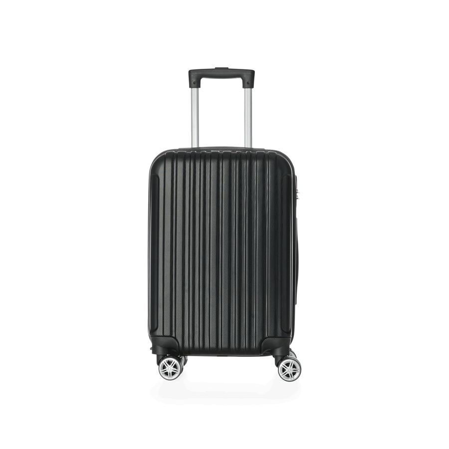 Mala de viagem em ABS rígido preto. Conta com rodinhas 360º, fechamento em zíper e cadeado com senha, alça retrátil de alumínio e duas alças de mão. Parte interna com forro e divisória com zíper. Mala dentro do padrão da ANAC, para viajar a bordo no avião. Acompanha saco de TNT para proteção.